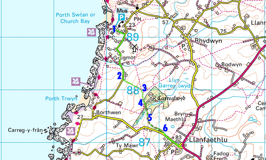 Route from Ty Newydd at Church Bay to the shop at Llanfaethlu